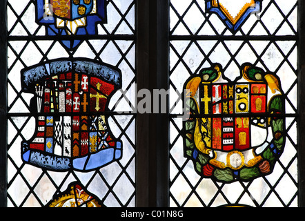 Heraldic stained glass, St. Andrew`s Church, Great Staughton, Cambridgeshire, England, UK Stock Photo